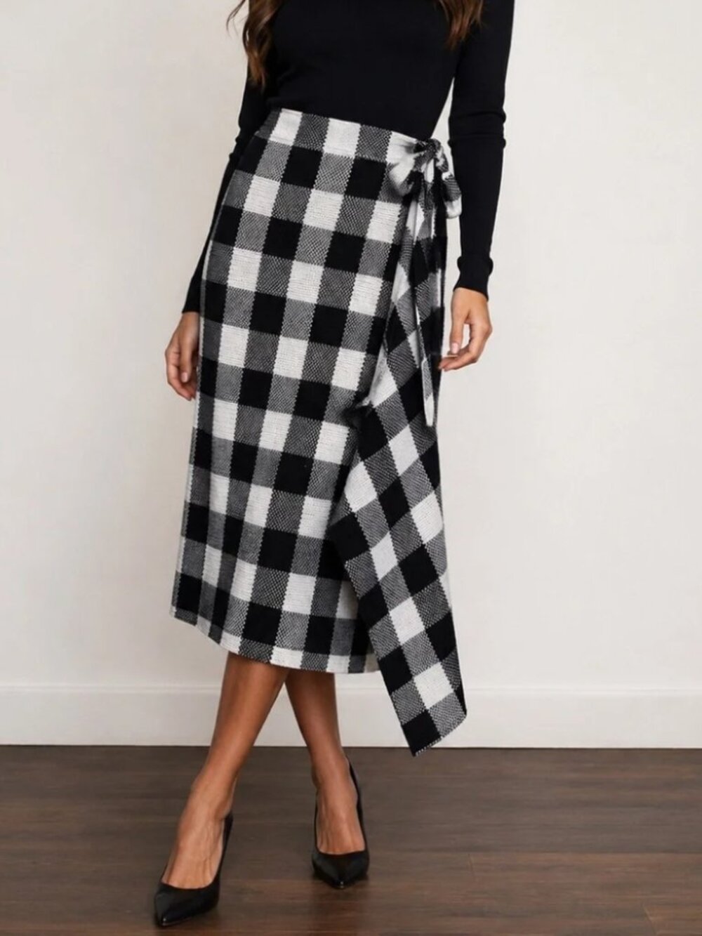 NWT Pomander Place Tuckernuck Gingham Knit Wrap Skirt Blanket Black & White Sz S